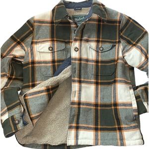 WOOLRICH Vintage Shirt Jacket, Sherpa Lined Wool Plaid Button Down Shacket Coat